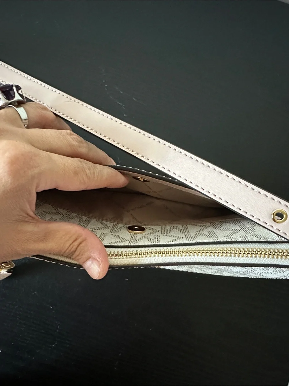 Michael Kors Light Beige Monogram Crossbody Bag with Pink Trim